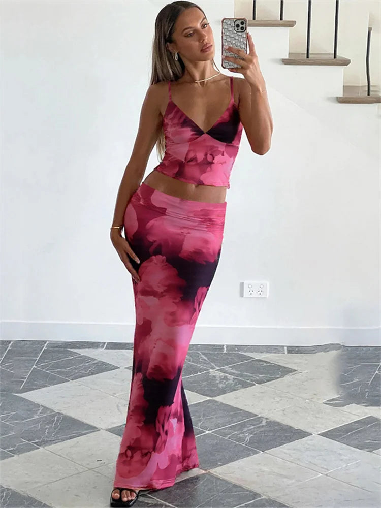 nibber Tie-Dye Print 2 Piece Set Women Summer Y2K Fashion Hipster Elegant V-Neck Camisole+Maxi Skirts Matching Streetwear outfit Aviola