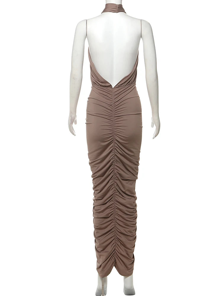Nibber Ruffles Sexy Backless Women Dress Fashion Peach Buttocks Sleeveless Stretch Summer Midnight Cross Halter Maxi Bodycon Aviola
