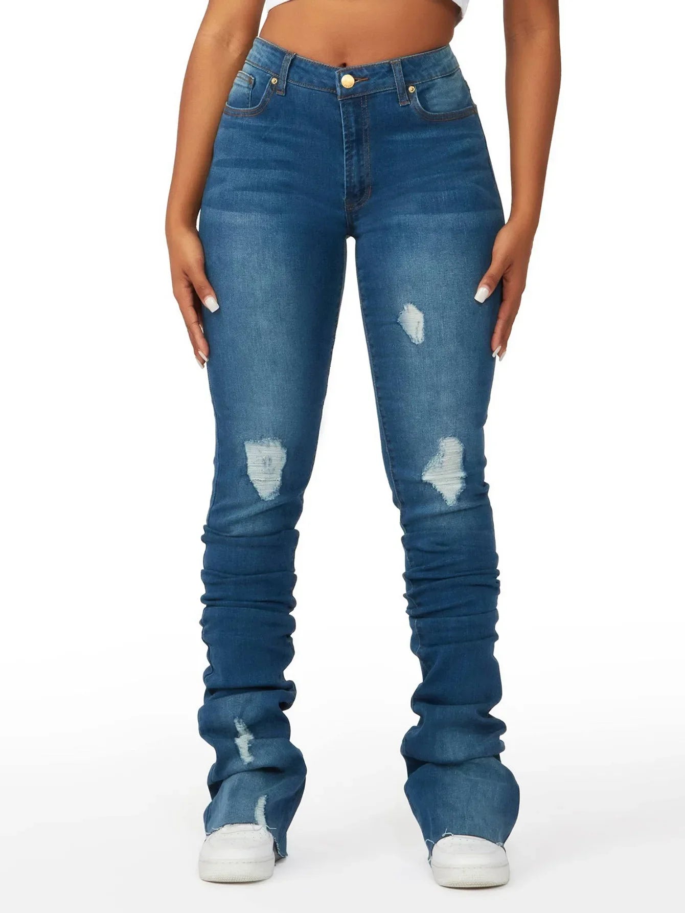 Washed Denim Straight Pants Women Ankle Length Jean Ripped Hole Distressed Pockets Solid Casual Skinny Vintage High Waist Aviola