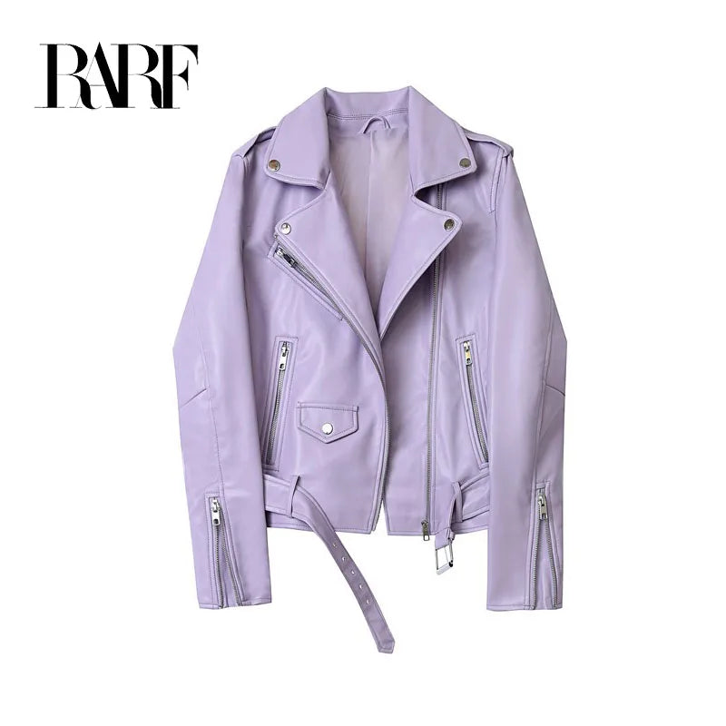 2025 New Spring Autumn Women Blue Faux Leather Jacket Ladies Solid With Belt Zipper Biker Coat Female Casual Outwear Veste Femme Aviola