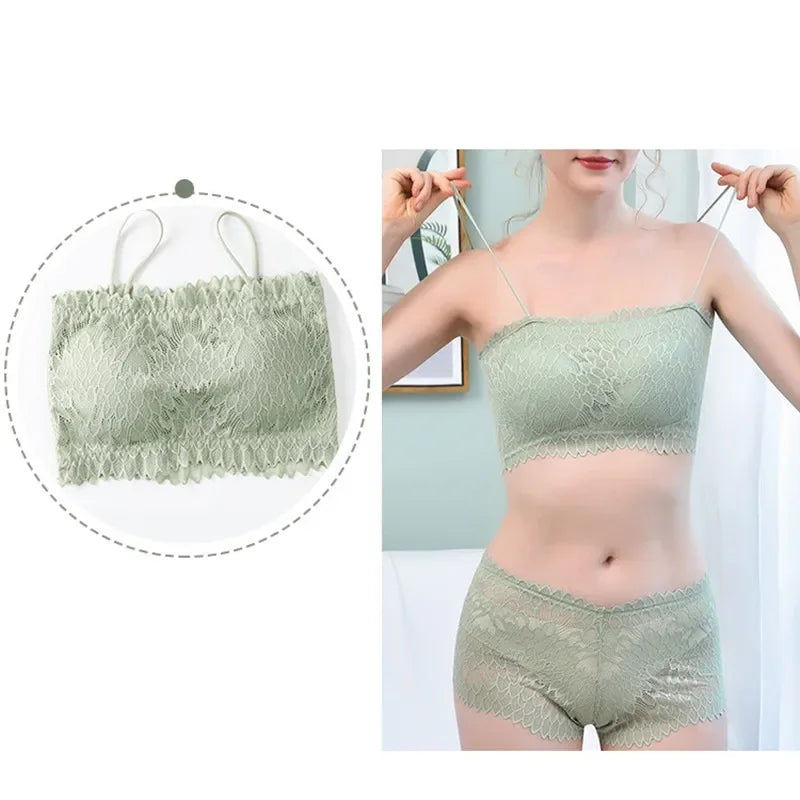Women Lace Tube Bra and Panty Set Wireless Underwear Summer Padded Bralette Female Sexy Lingerie Low Rise Briefs Aviola