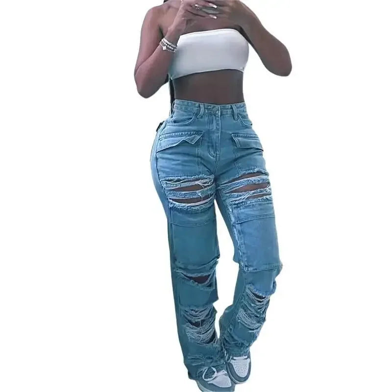 Women Jeans Denim Patchwork Straight Pants Holes Distressed Pockets Washing High Street Low Waist Zipper Fly Flat Winter Aviola