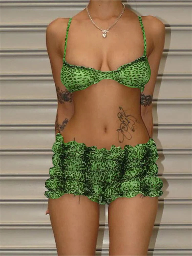 nibber Sexy Leopard Print Women 2 Piece Set Y2K See Through Summer Ruffles Camisole+Shorts Vacation Matching Clubwear Outfits Aviola