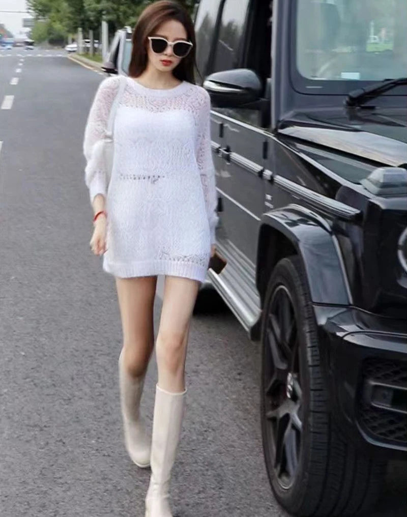 MEXZT Y2K Hollow Out Pullover Sweater Women Sweet Sexy See Through Thin Loose Jumper Korean Oversized Sun Protection Shirt Tops Aviola