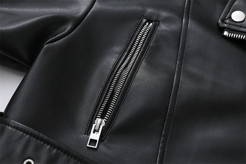 Chaqueta de cuero lavado con cinturón para mujer, abrigo corto con cremallera degradada y cuello vuelto Vintage, chaqueta elegan Aviola