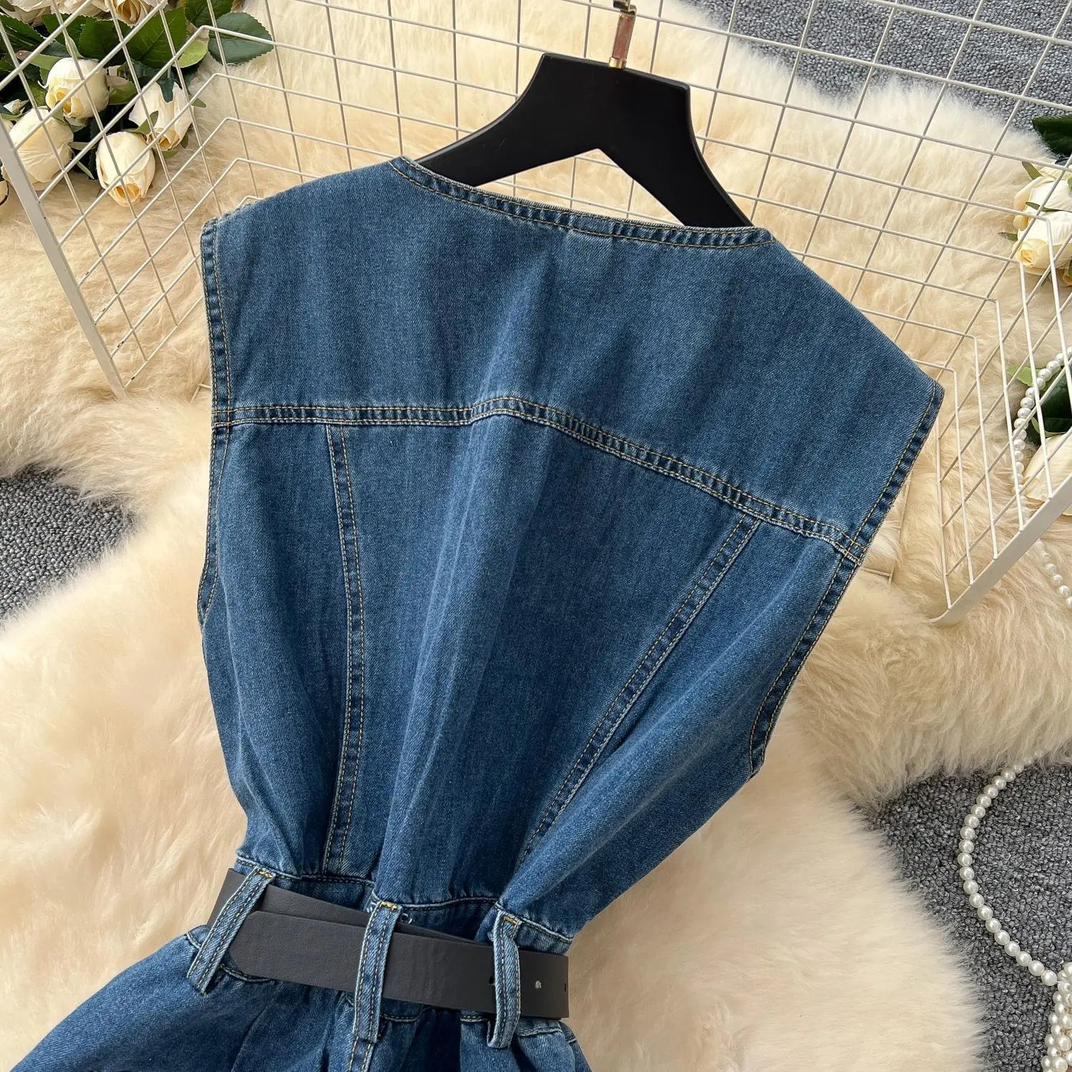 Denim Jumpsuits Women One Piece Wide Leg Pants Washed Distressed Sleeveless Pockets 2025 Streetwear High Waist Jeans Trousers Aviola