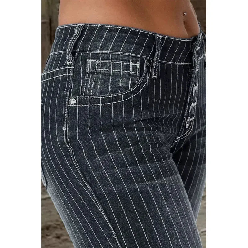 Stripe Jeans Women Mid Waist Flare Pants Ladies Trousers Female Casual Slim 2025 Summer Button High Strecth Elegant Office Lady Aviola