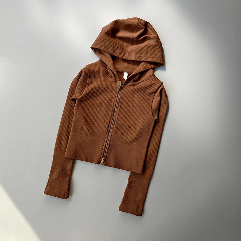 2024 New Hooded Tight Fitting Sports Jacket for Women's Running Training Yoga Suit Long Sleeved Zipper Yoga Jacket Running Top Aviola