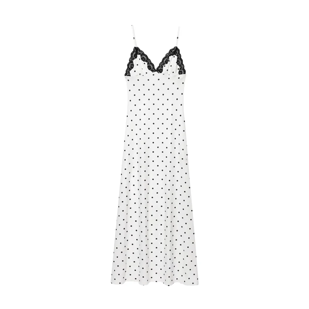 BM&MD&ZA2025French polka dot temperament slim V-neck lace contrast color suspender dress long skirt summer women's clothing Aviola