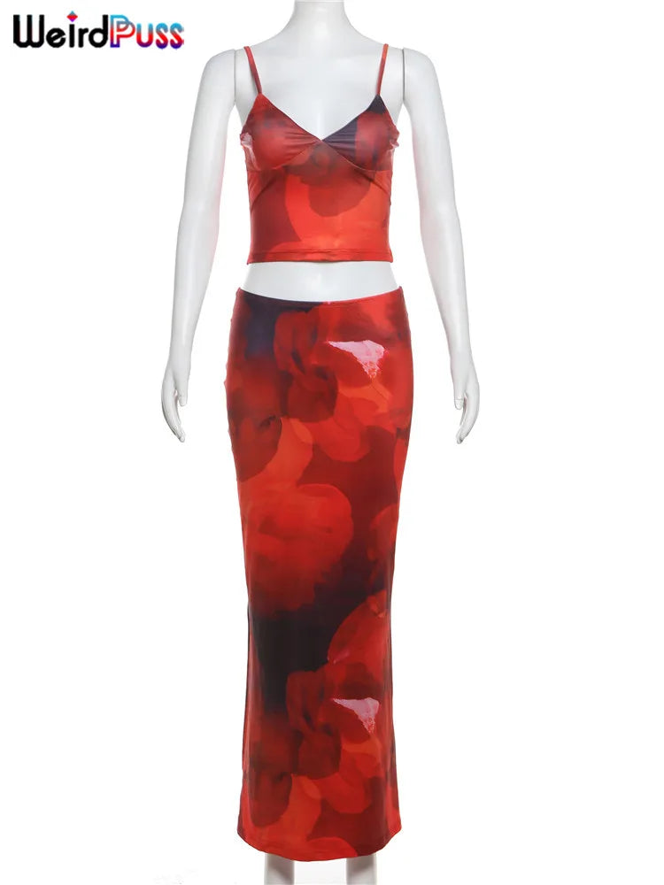 nibber Tie-Dye Print 2 Piece Set Women Summer Y2K Fashion Hipster Elegant V-Neck Camisole+Maxi Skirts Matching Streetwear outfit Aviola