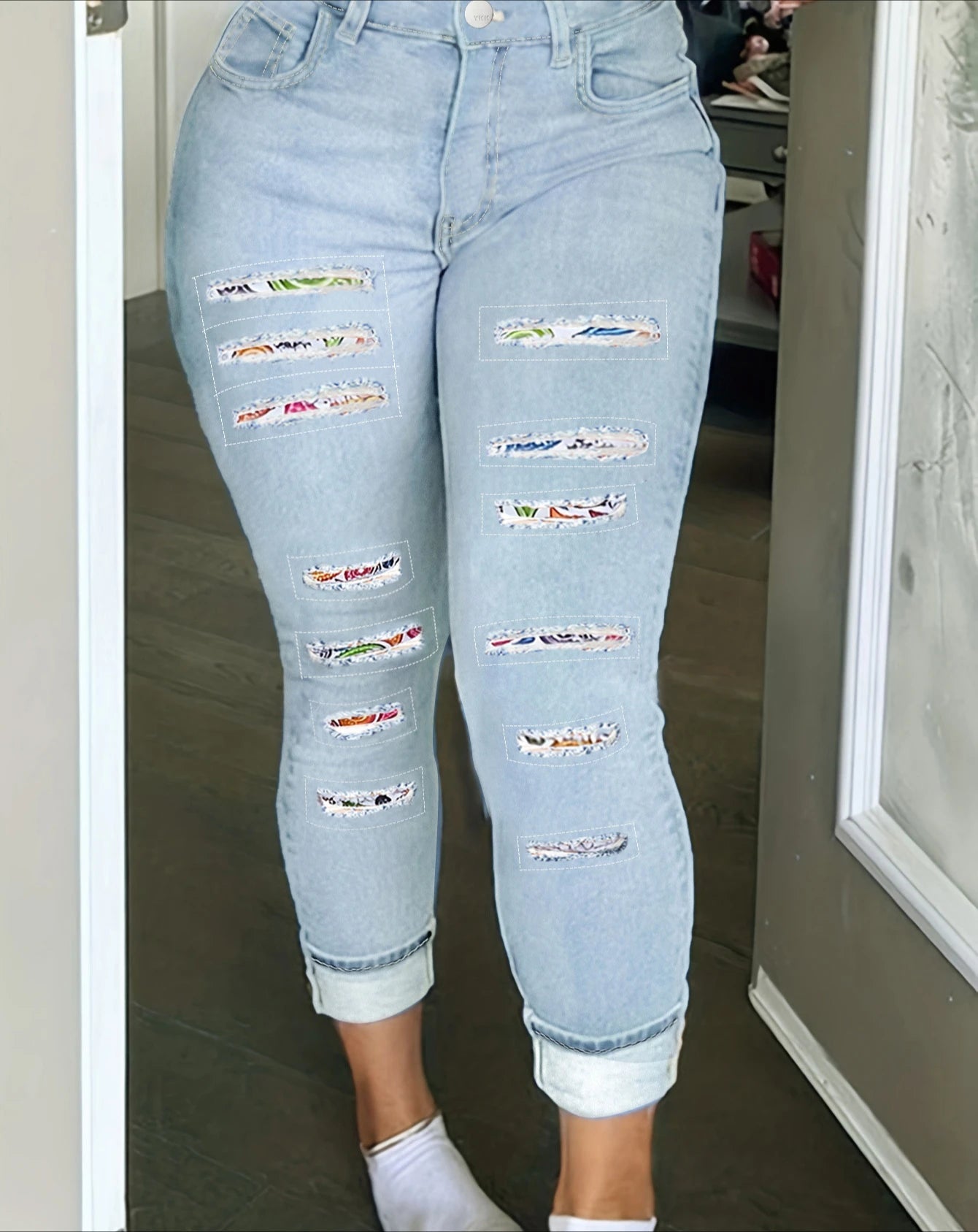 Bodycon Pencil Jeans Women Holes Splice High Waist Trousers Row Denim Pants Big Size Skinny Ankle Lenth 2025 Spring Mom Jeans Aviola