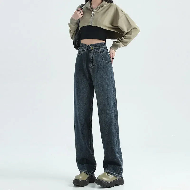 Wide Leg Pants Women Vintage Jeans High Waist Loose Fit Basics Full Length Pockets Button 2025 Casual Denims Straight Trousers Aviola