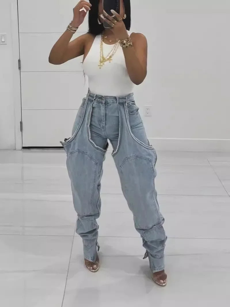 Mom Jeans Straight Pants Women Hollow Out Zipper High Strecth Pockets Irregular Denim Vintage Y2k 2025 Trousers Streetwear Aviola