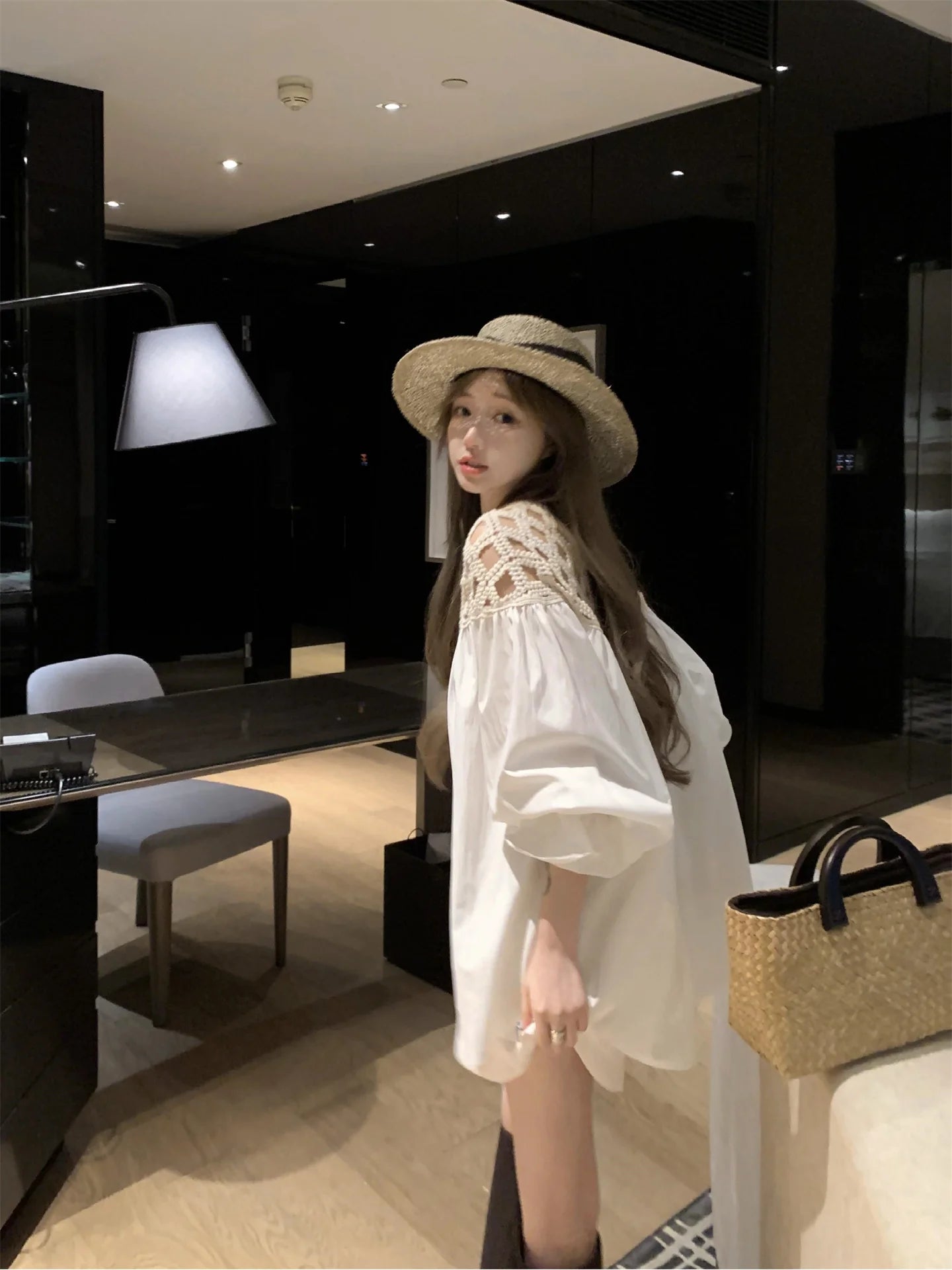 MEXZT Vintage White Shirts Women Streetwear Hollow Out Oversized Blouses Summer Ladies Korean Lantern Long Sleeve Casual Tops Aviola