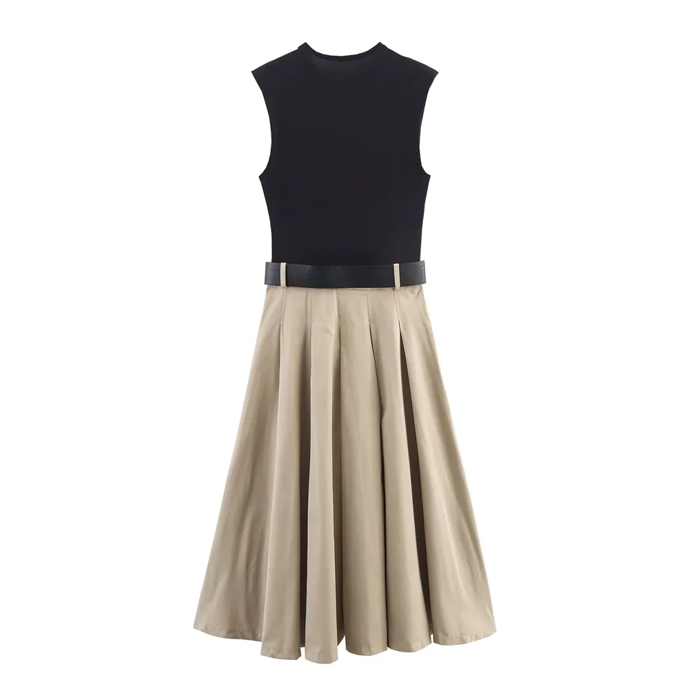 BM&MD&ZA2025fake two-piece contrast color round neck sleeveless with belt pleated skirt dress summer new women's clothing Aviola
