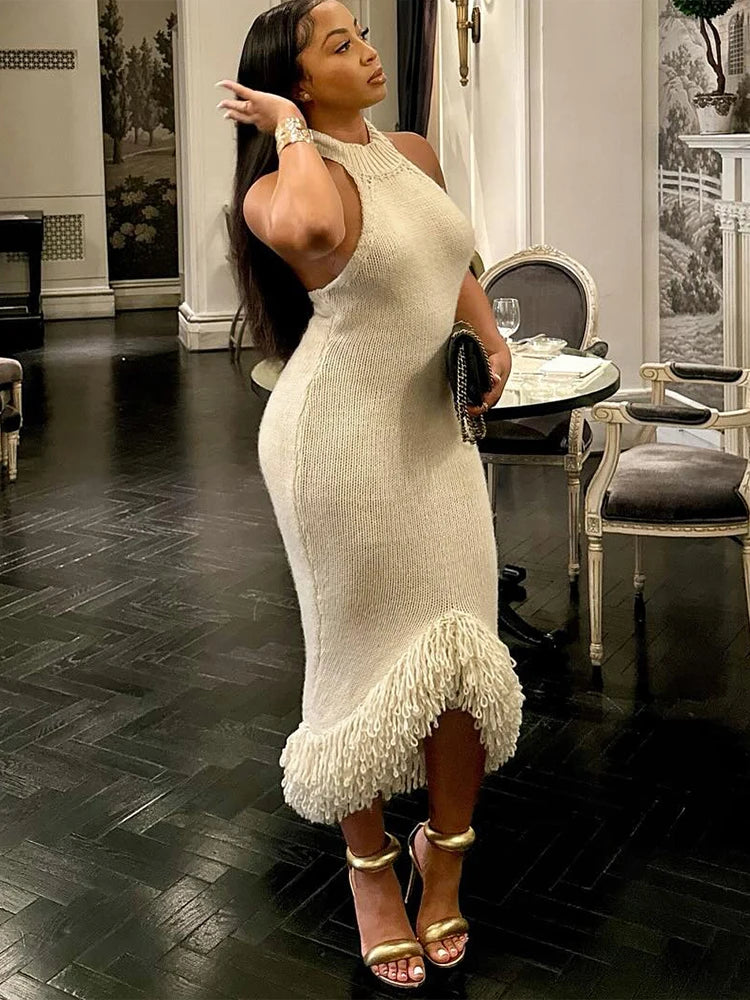 Nibber Knit See Through Women Dress Irregular Backless Sleeveless Halter Sexy Tassel Hem Clubwear Stretch Hipster Party Vestidos Aviola