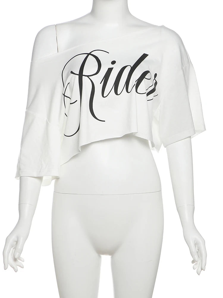 Nibber Loose Letter Print Mini t-Shirt Women Summer Trend Biased Collar Versatile Street Skinny Simple Classic Party Daily Tops Aviola