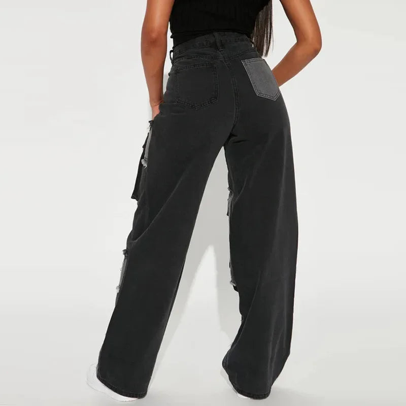 Women Straight Jeans Denim Wide Leg Pants Patchwork High Waist Pockets Button 2025 Autumn Vintage Trousers Strecth Denims Aviola