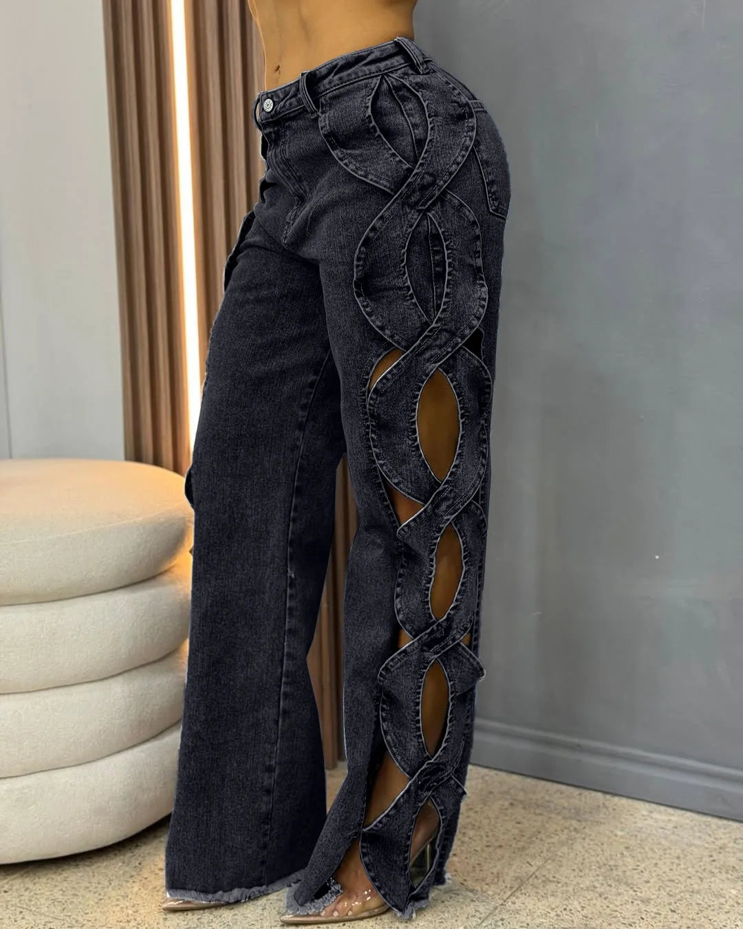 Denim Pant Women Jeans Long Pants Hollowed Out High Waist Straight Trousers Y2k Streetwear Casual Mom Jeans Night Club Summer Aviola
