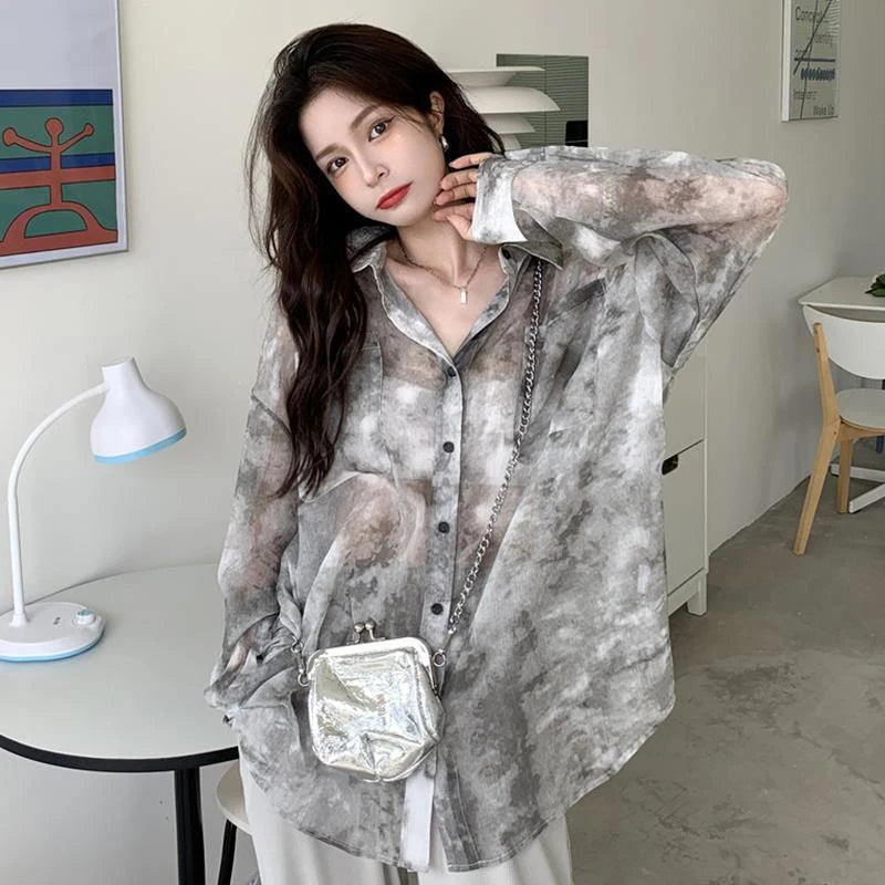 MEXZT Streetwear Tie Dye Shirts Women Harajuku Oversized Sun Proof Blouses Korean Vacation Beach Long Sleeve Sunscreen Tops New Aviola