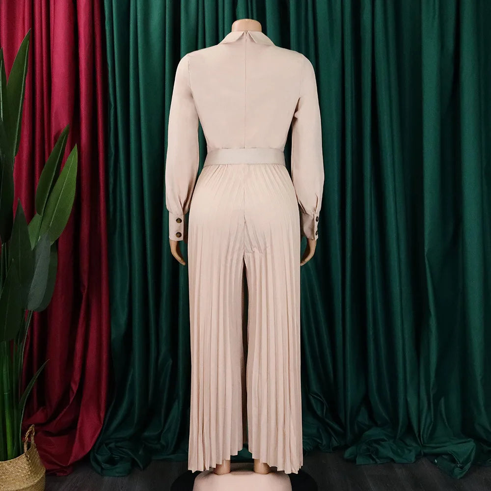 pleated Jumpsuits Women Single Breasted Long Sleeve Rompers Overalls Wide Leg Pants Spliced Sashes Slim Fit One Piece Button Aviola