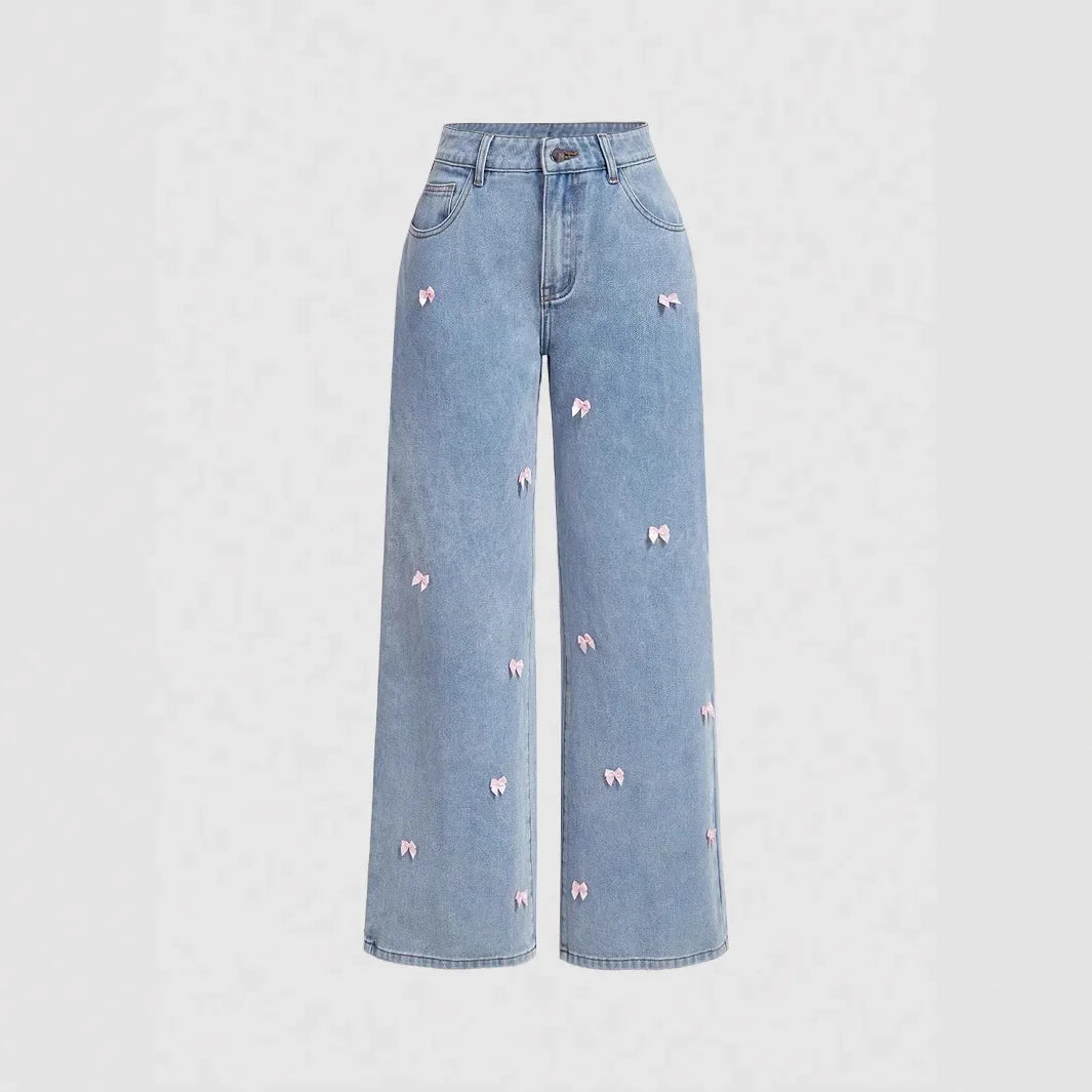 Denim Wide Leg Pants Women Mom Jeans Streetwear High Waist Bow Washed Distressed Straight Trousers Y2k Vintage Floor Length Aviola
