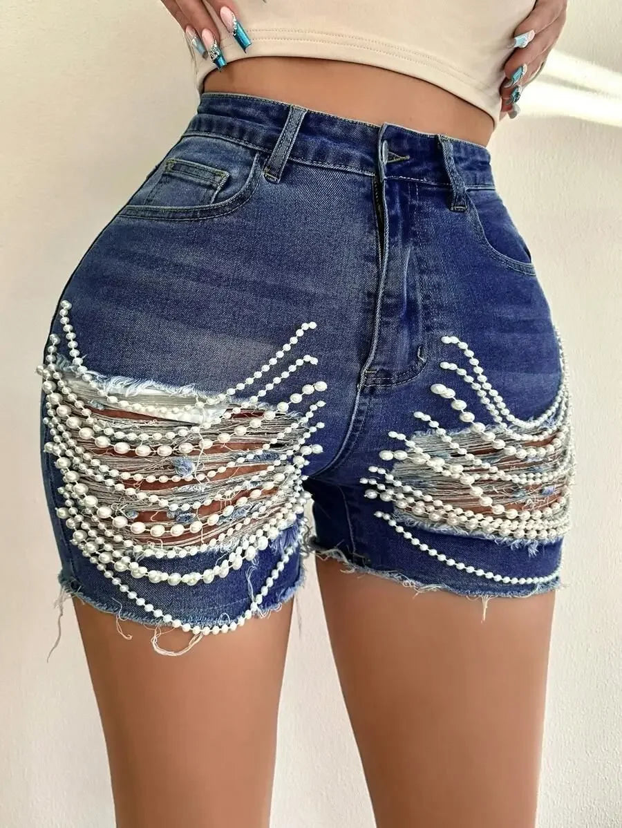 Denim Shorts Women Hole Jeans Ripped Pearl Chain Pockets Sexy Mom Vintgae Party Short Pants High Waist Denims Streetwear 2025 Aviola