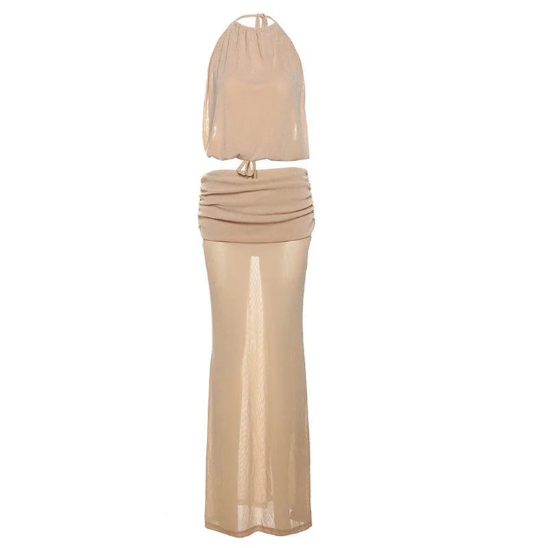 Nibber Vacation Sexy Women 2 Piece Set Elegant Y2K Backless Halter Folds Tank Tops+Long Skirts Summer Beach Party Clubwear Aviola