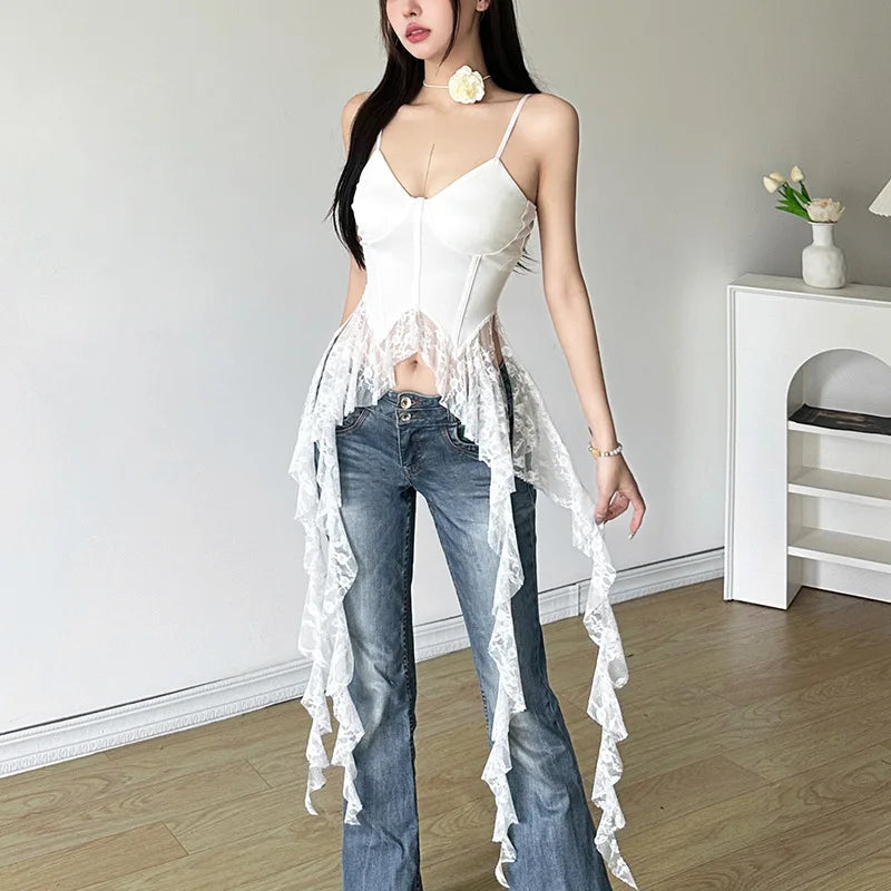 MEXZT Y2K Irregular White Tank Top Women Sexy Lace Ruffles Backless Black Corset Summer Gyaru Streetwear Grunge Bandage Camis Aviola