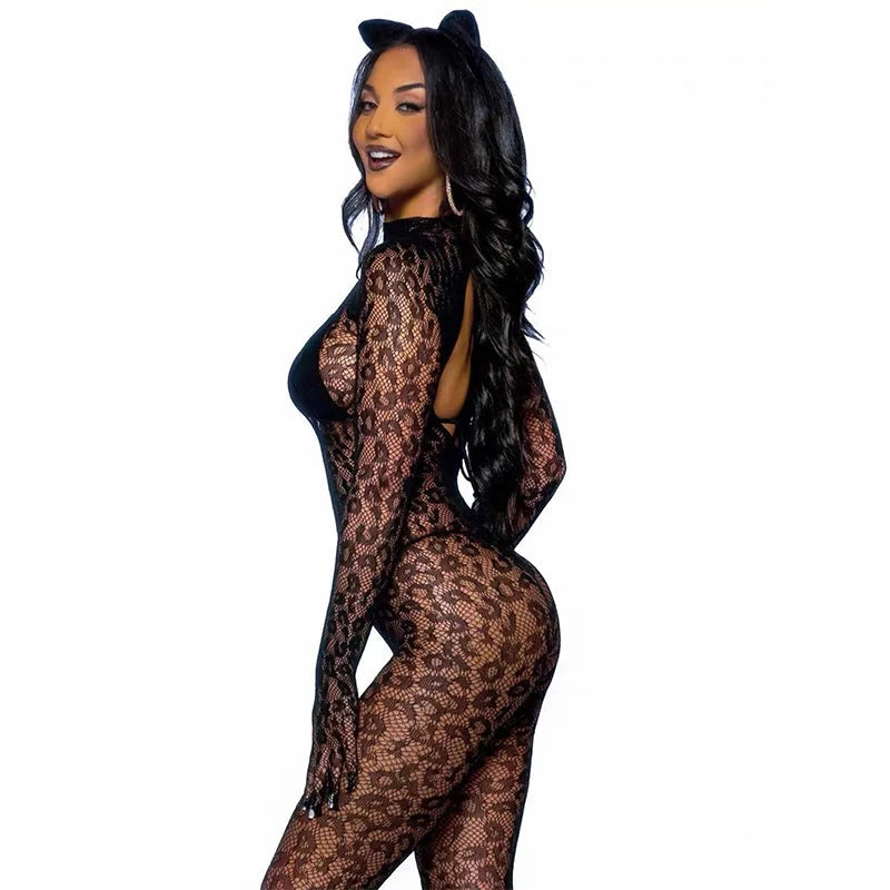Exotic Baby Doll Costumes Sexy Crotchless Lingerie Women Backless Cutout Babydoll Chemises Mesh Sheer Leopard Print Bodystocking Aviola