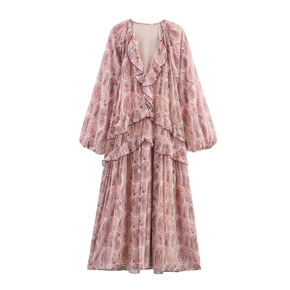 BM&MD&ZA2025Temperament Layered Decorative Printing Loose Long Sleeve V-Neck Dress Summer New Arrival Women's Clothing Aviola