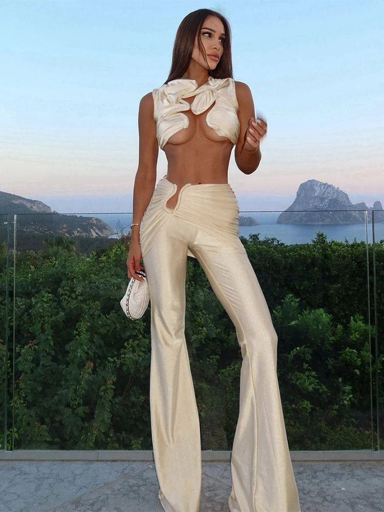 Nibber Solid Stunning Matching 2 Piece Set Women Simple Sliky Shape Mini Tanks+Shirring Pants Female Trend Sexy Street Suits Aviola