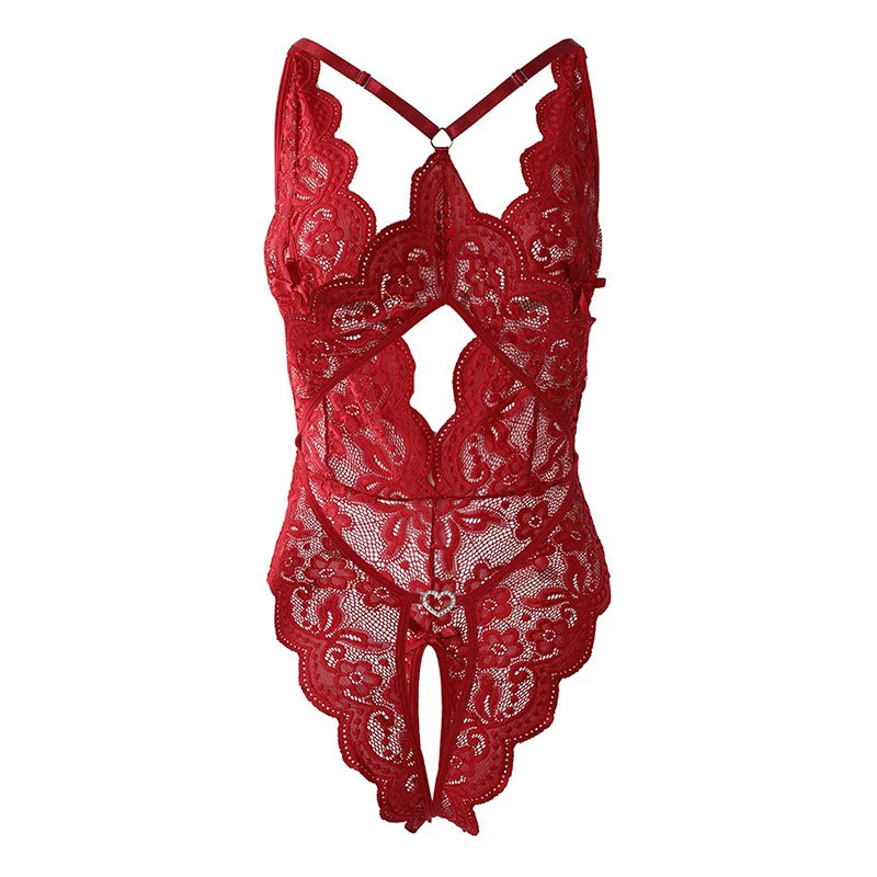 Porno Crotchless Underwear For Women Lace Cutout Transparent Teddy Erotic Costumes Sexy Lingerie Deep V Open Bra Baby Doll Dress Aviola