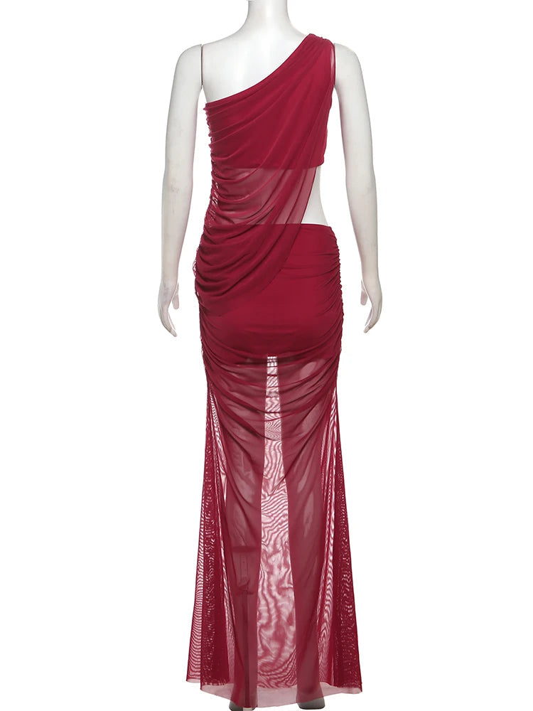 Nibber See Through Irregular 2 Piece Set Women Double Deck Diagonal Collar Tank Top+Ruched Maxi Skirts Matching Club Outfits Aviola