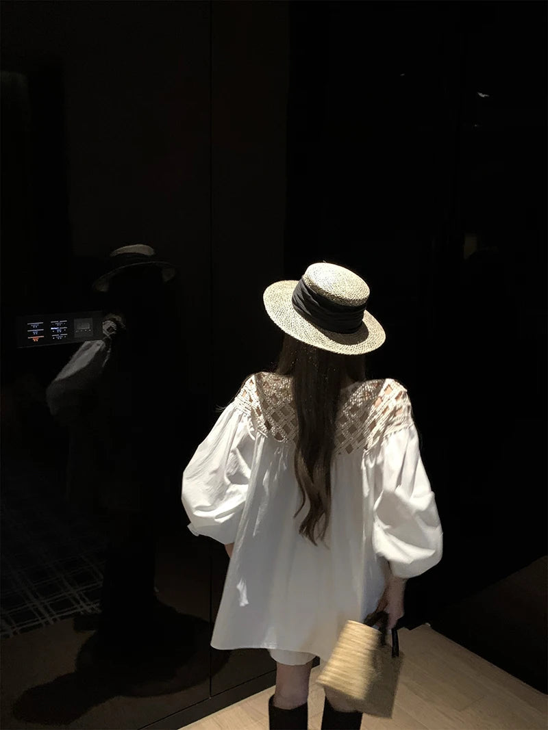 MEXZT Vintage White Shirts Women Streetwear Hollow Out Oversized Blouses Summer Ladies Korean Lantern Long Sleeve Casual Tops Aviola