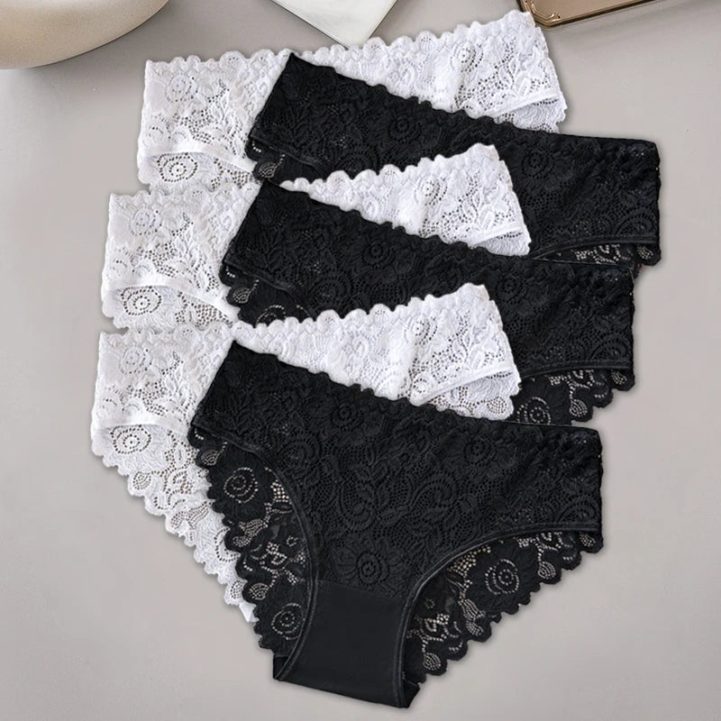3Black+3White Women Panties Set Middle Waist Hollow Out Floral Lace Women Briefs Sexy Lingerie Female Underwear 6PCS Aviola