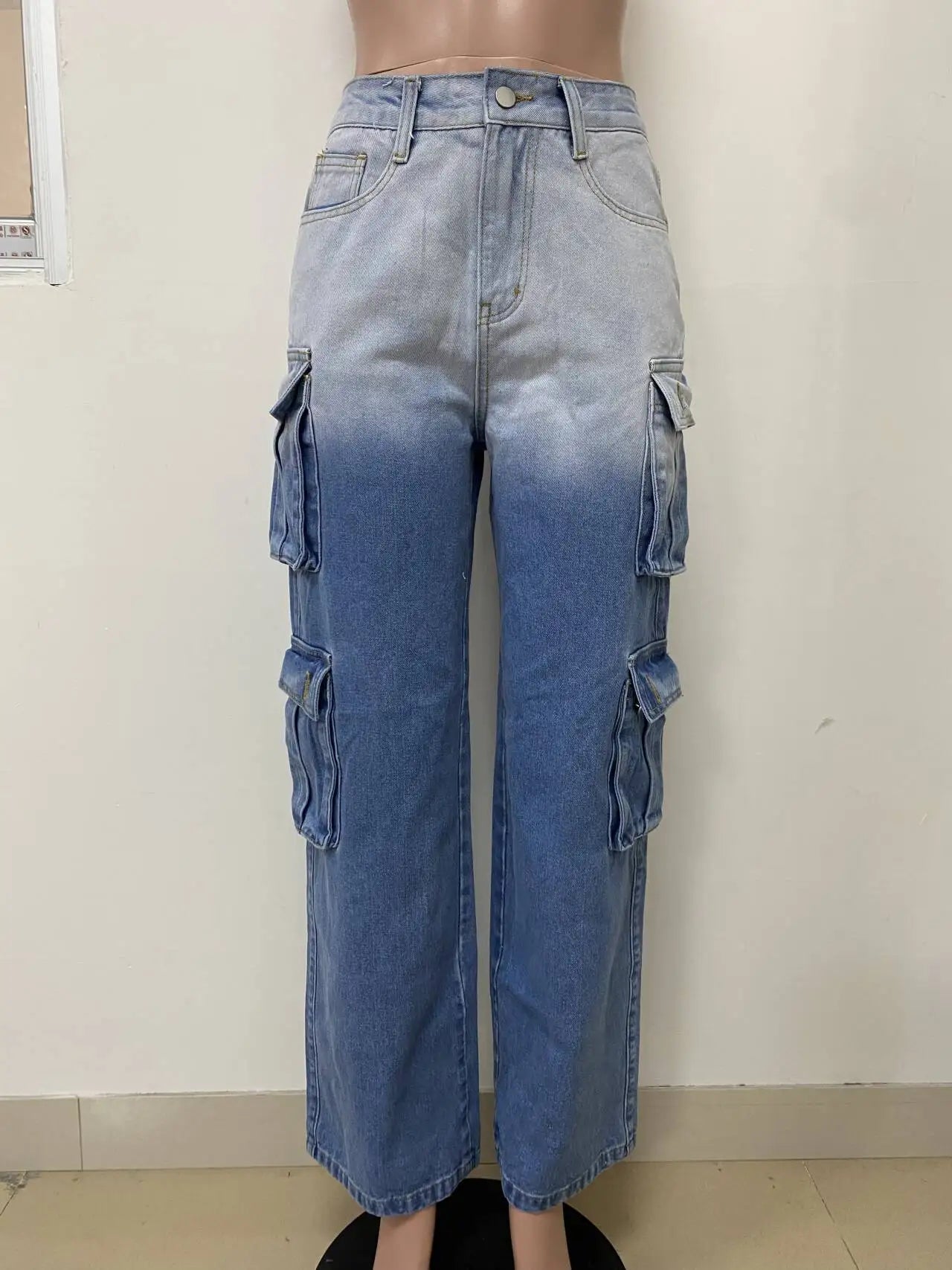 Jeans Women Denim Long Pant Cargo Pants Gradation Pockets High Waist Straight Trousers Y2k Streetwear Party Club Casual Loose Aviola