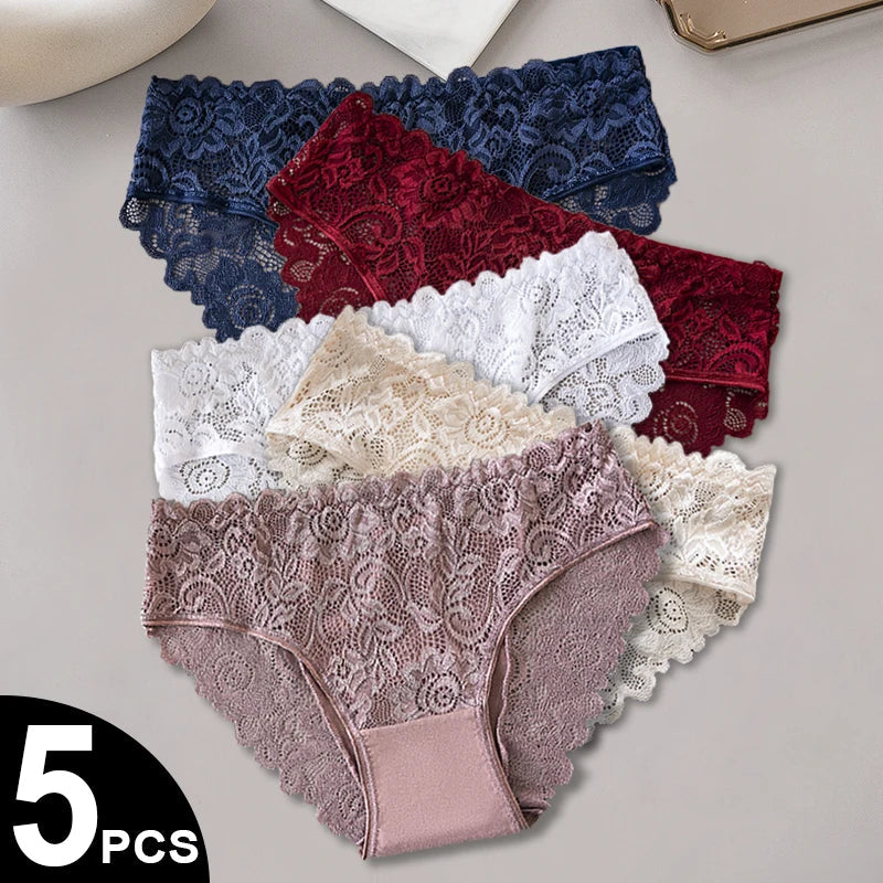 5PCS Cotton Panties Women's Fashion Floral Lace Briefs Set Patchwork Hollow Out Sexy Female Underwear Lingerie Aviola
