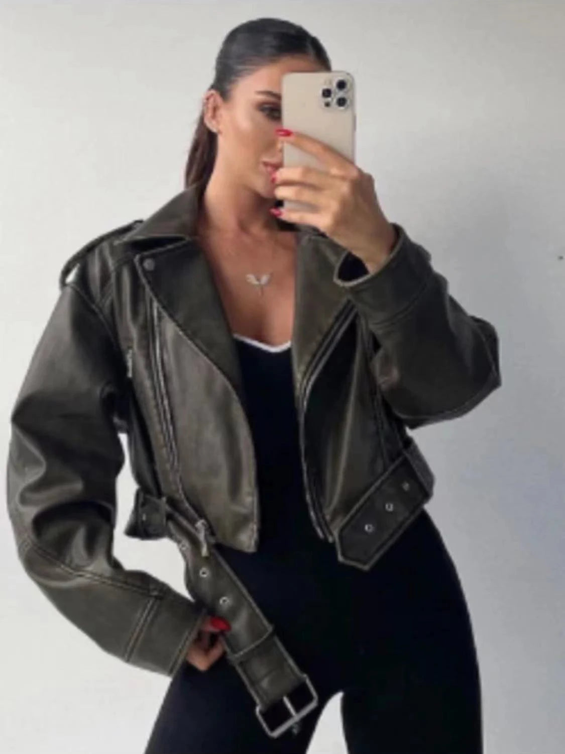 RARF Women's new vintage wash to do old short lapel long sleeve loose pu imitation leather jacket coat Aviola