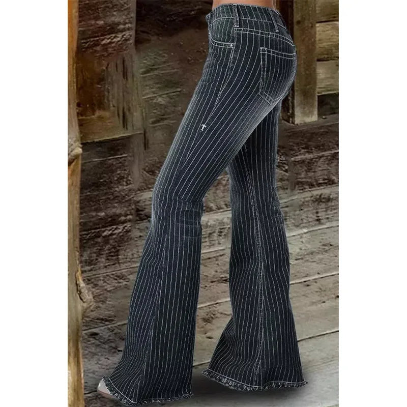 Stripe Jeans Women Mid Waist Flare Pants Ladies Trousers Female Casual Slim 2025 Summer Button High Strecth Elegant Office Lady Aviola