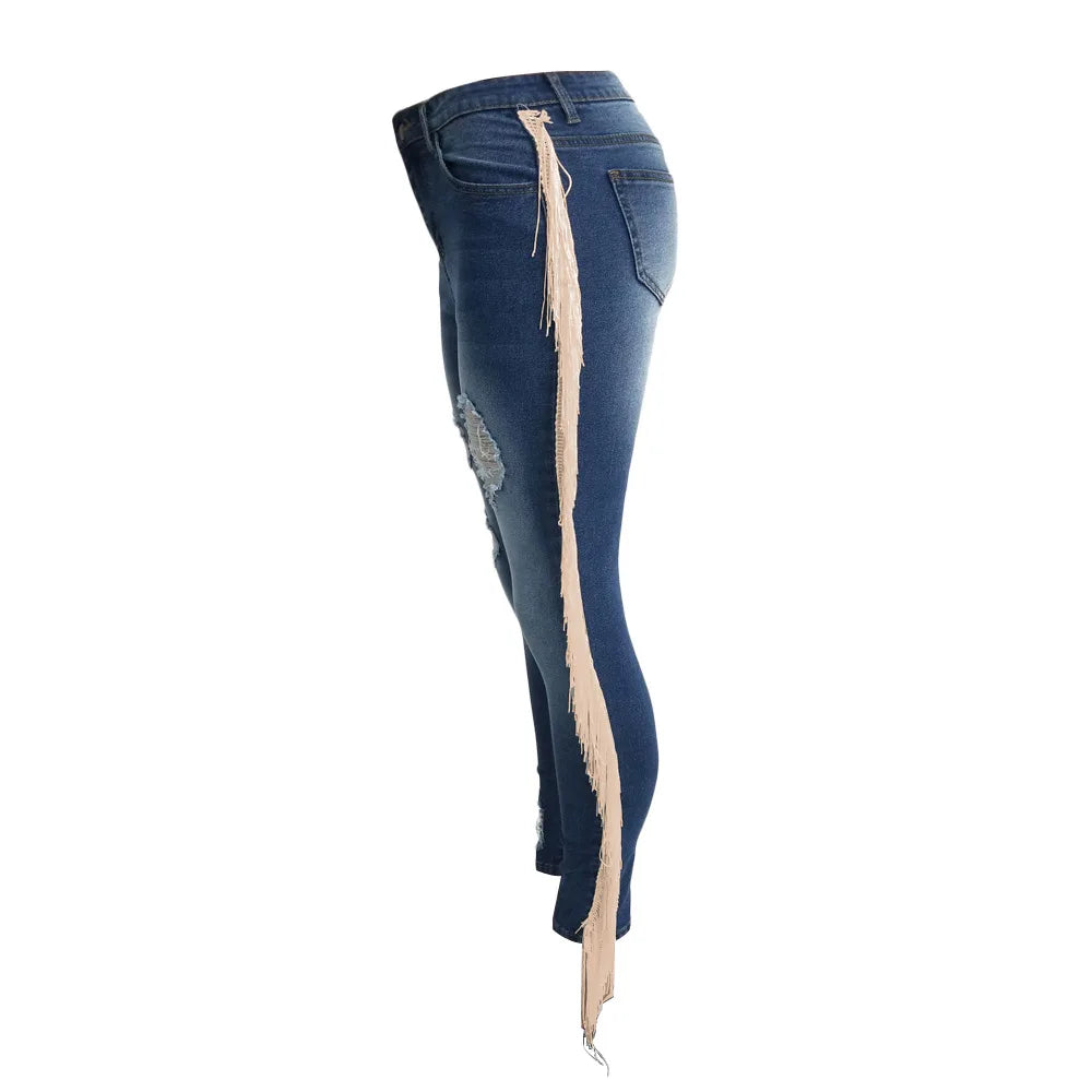 Denim Pants Women Mom Jeans Hole Long Pants Tassel High Waist Straight Trousers Y2k Bodycon Slim Fit Splice Streetwear 2025 Aviola