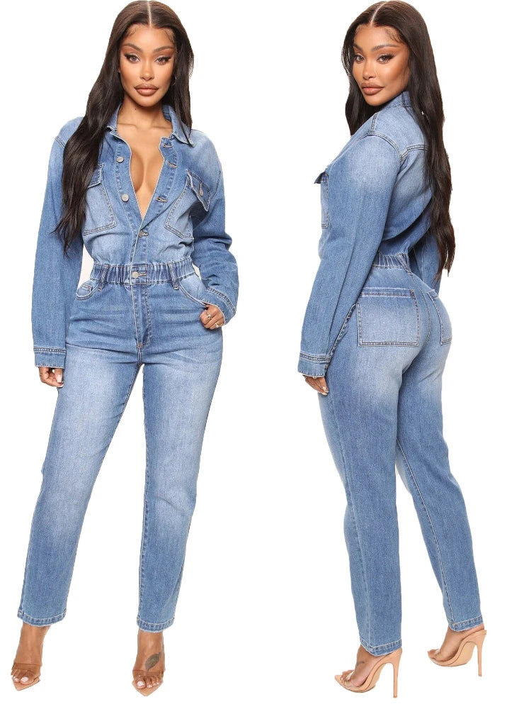 Women Jeans Jumpsuits Single Breasted Solid Denim Washing Overalls Pockets High Street Button Pencil Pants Ankle Length Aviola