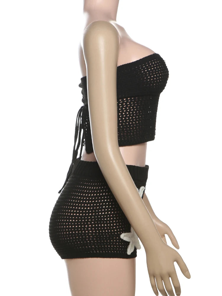 Nibber Summer Crochet Women 2 Piece Set Sexy Applique Hollow Beach Back Bandage Strapless Tops+Shorts Midnight Vacation Clubwear Aviola
