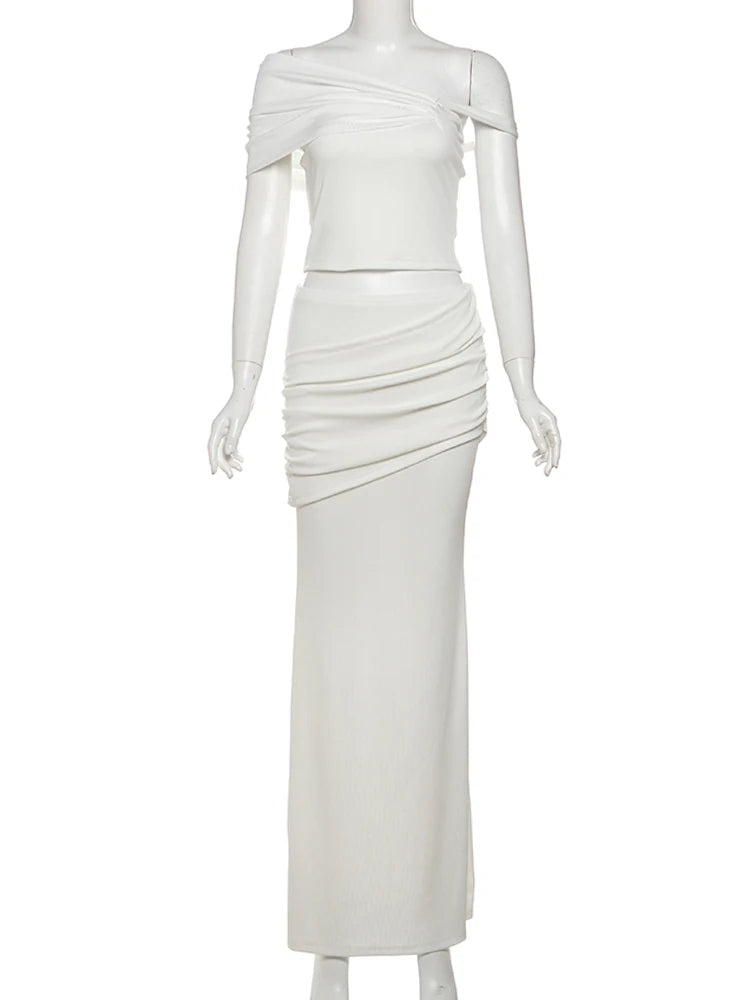 Nibber Elegant 2 Piece Set Women Irregular Skew Collar Backless Crop Top+Ruched Skirts Summer Skinny Fashion Beach Style Suit Aviola