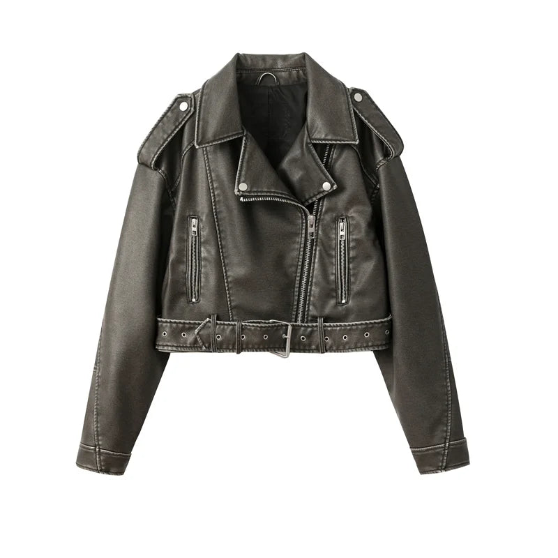 RARF 2024New Coal graysty le Women's washed leather jacket with belt, short coat with downgraded zipper and vintage lapel jacket Aviola
