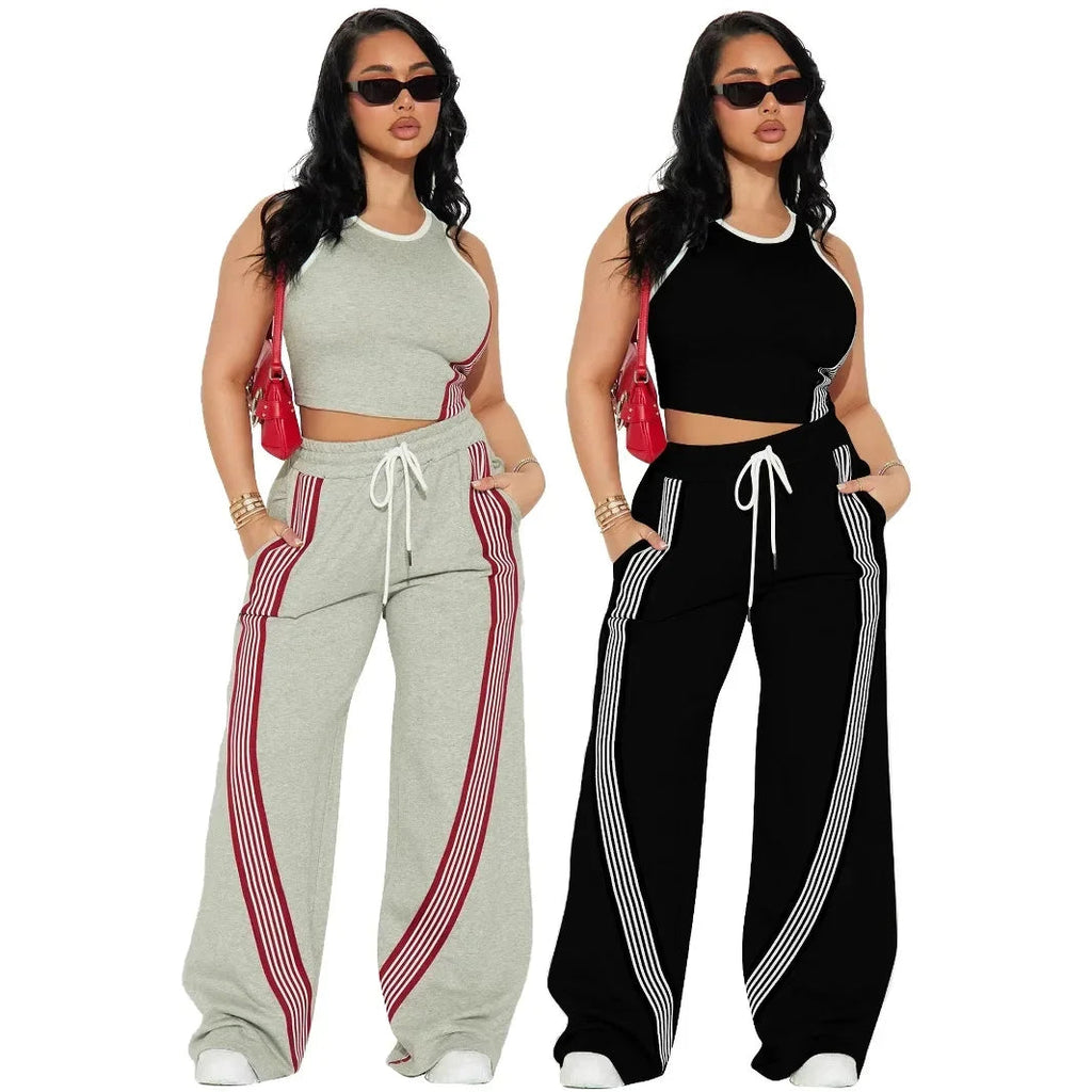 Two Piece Sets Women Sports Suit Vest Top Wide Leg Pants Striped Elastic Waist Matching Sets Trousers Sportswear 2025 Tracksuit Aviola