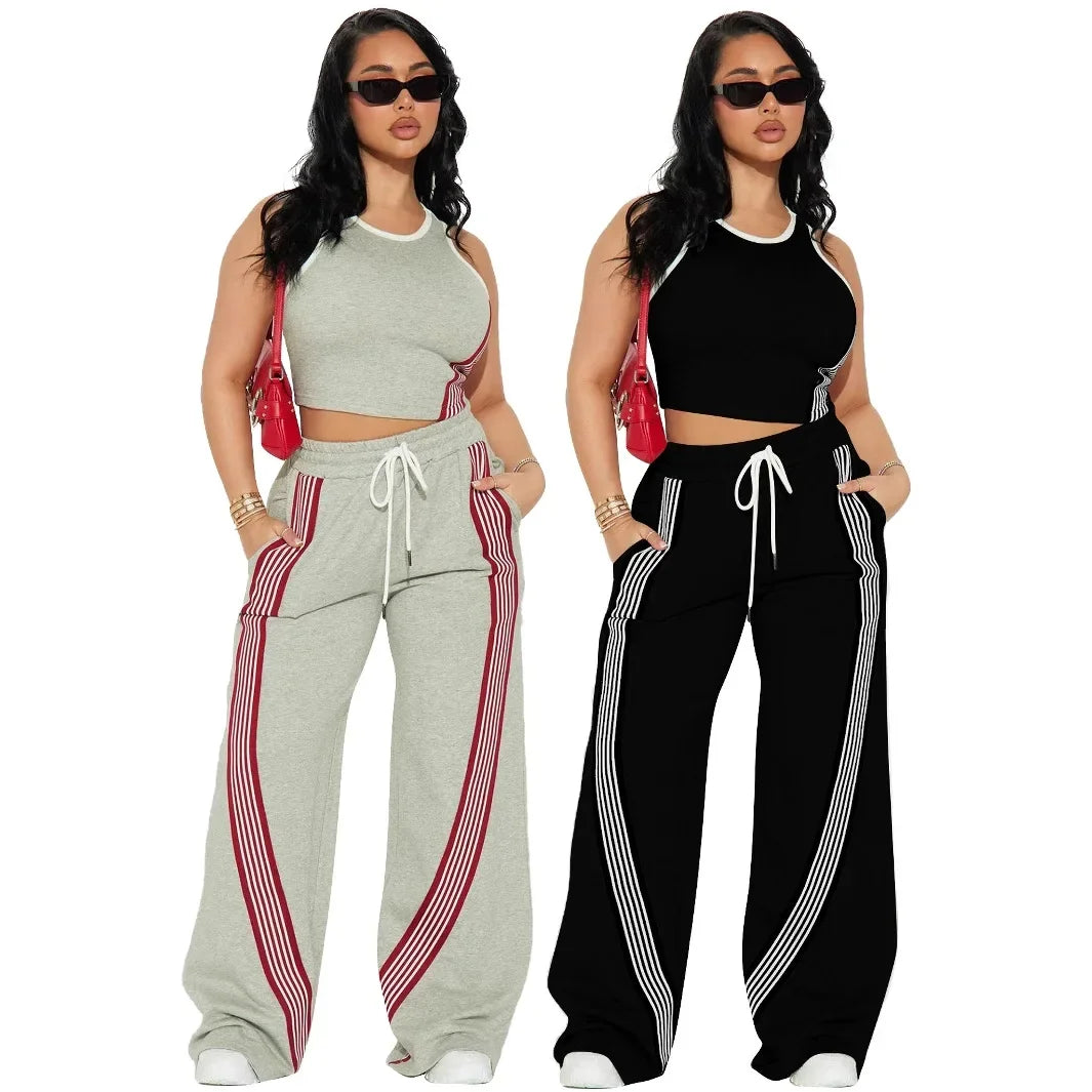 Two Piece Sets Women Sports Suit Vest Top Wide Leg Pants Striped Elastic Waist Matching Sets Trousers Sportswear 2025 Tracksuit Aviola