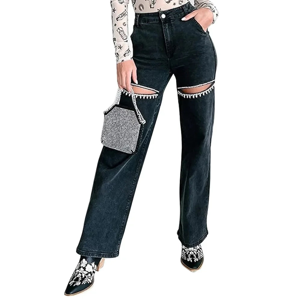 Denim Jeans for Women Streetwear Straight Pants Hole Diamonds Mid Waist Washed Distressed 2025 Casual Mom Ankle Length Trousers Aviola