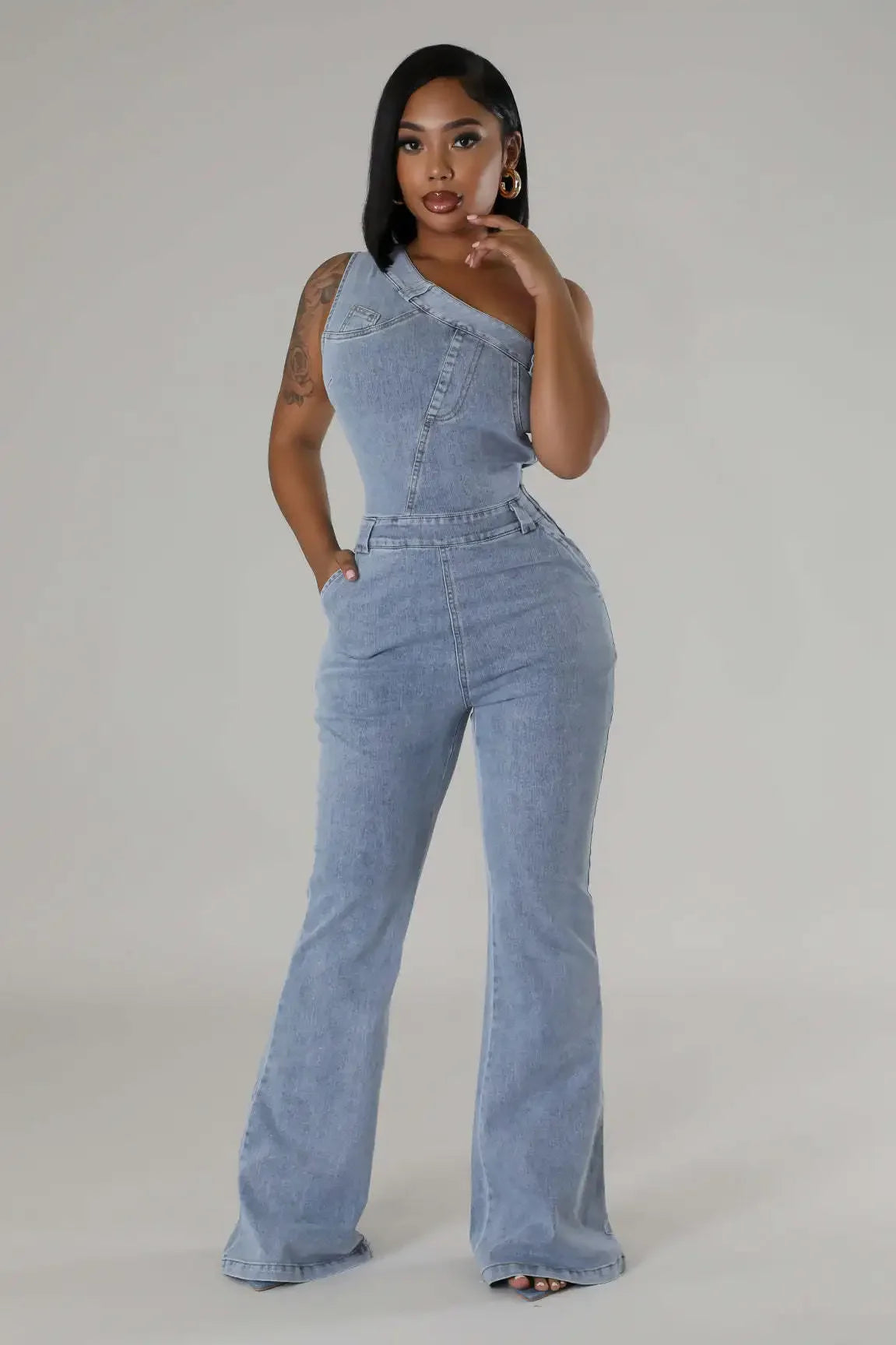 Flare Denim Pants Full Length Women Jeans One Piece Overalls Spliced Solid Jumpsuits Loose Pockets High Waist Basics Washed Aviola