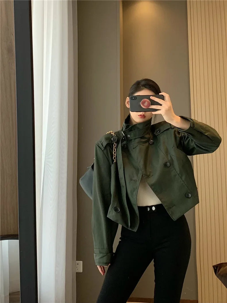 RARF 2024 autumn new women's fashion pocket double breasted waxed leather short trench coat women's top coat Aviola